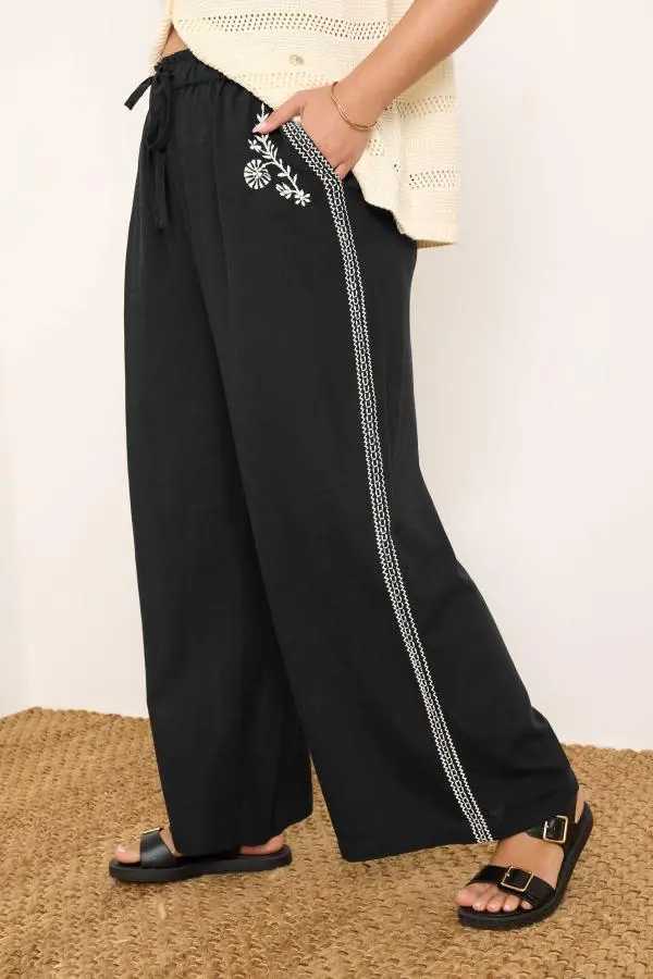 Yours Plus Size Black Embroidery Wide Leg Linen Trousers Size 34-36