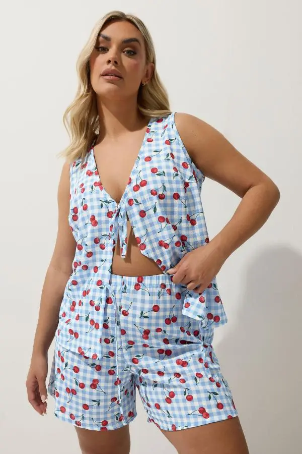 Limited Collection Curve Blue Gingham Cherry Print Shorts, Women's Curve & Plus Size, Limited Collection