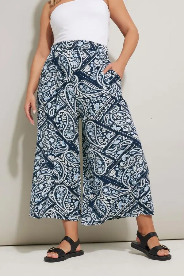 Yours Curve Navy Blue Tile Print Midaxi Culottes, Women's Curve & Plus Size, Yours