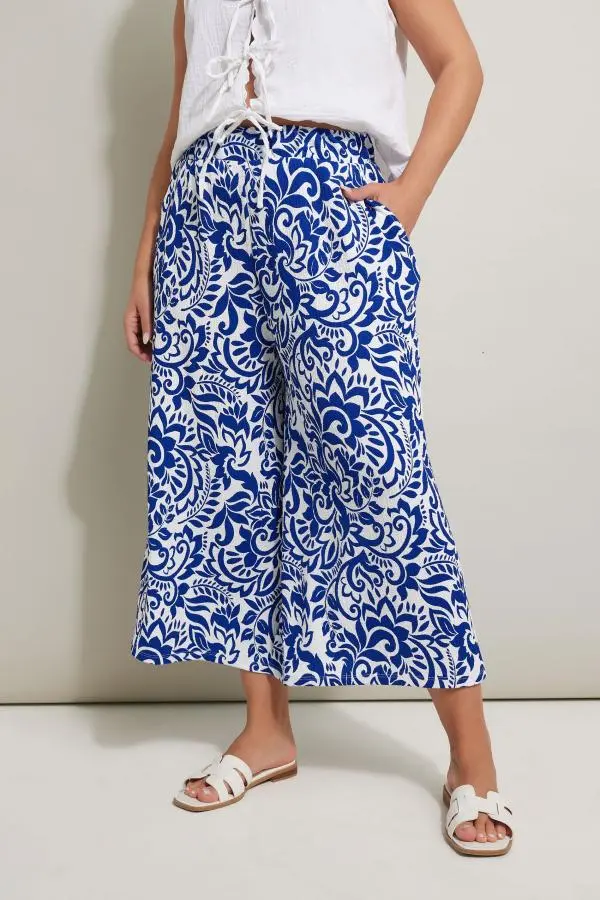Yours Curve Blue Abstract Floral Textured Midaxi Culottes, Women's Curve & Plus Size, Yours