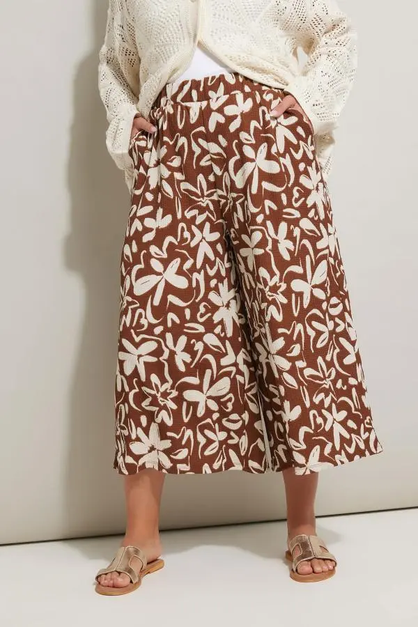 Yours Curve Brown Floral Print Textured Midaxi Culottes, Women's Curve & Plus Size, Yours