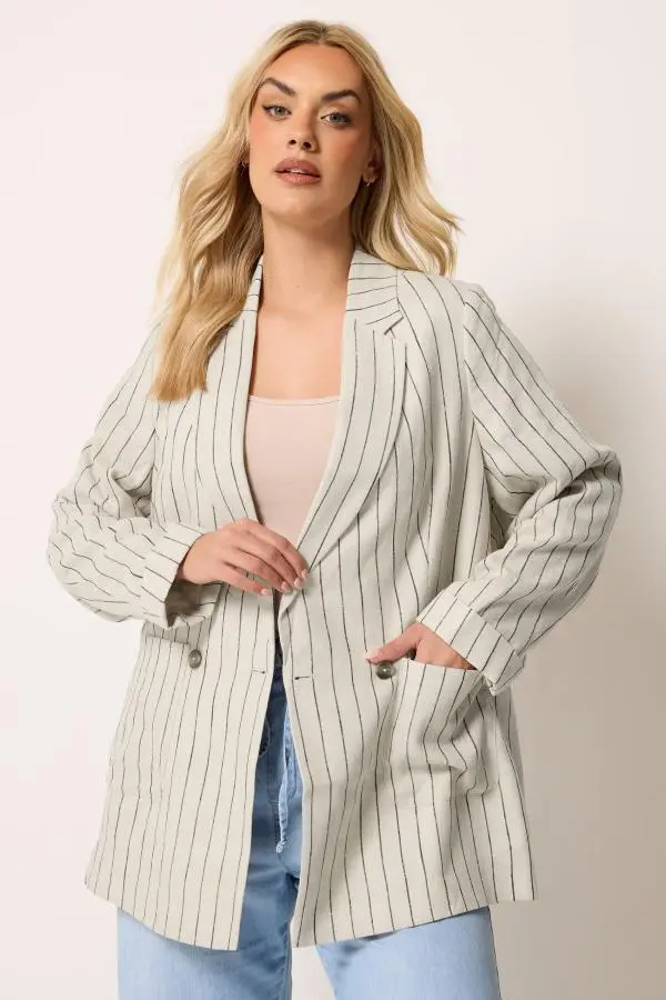Yours Plus Size Beige Brown Stripe Tailored Linen Blazer Size 14