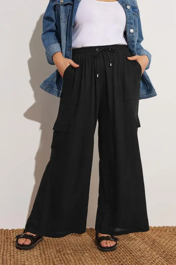 Yours Curve Black Linen Cargo Trousers, Women's Curve & Plus Size, Yours