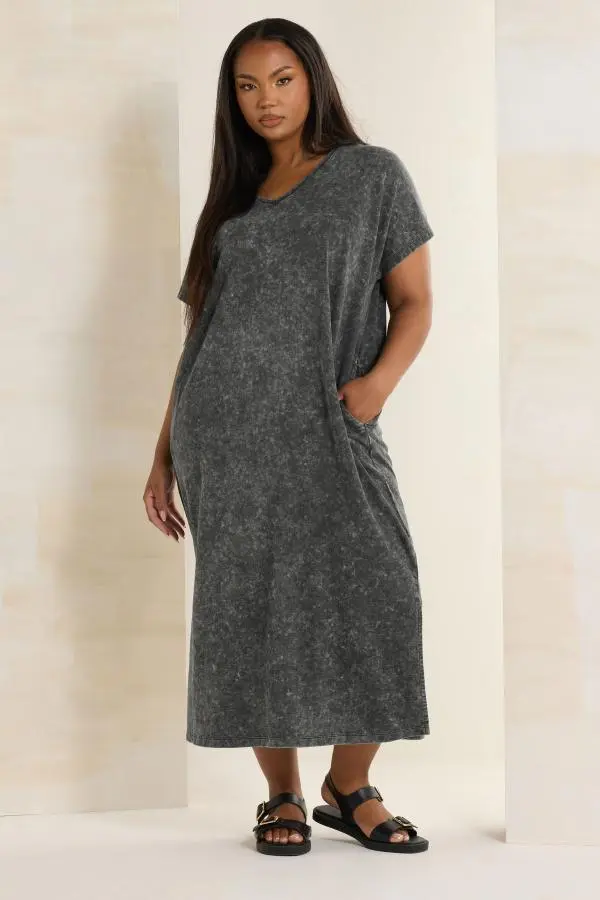 Yours Plus Size Grey Acid Wash Heavyweight Throw On Dress Size 30-32