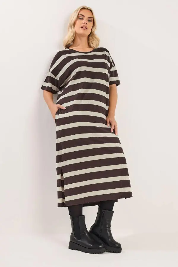 Yours Plus Size Chocolate Brown Stripe Oversized Pocket Detail Midi Dress Size 38-40