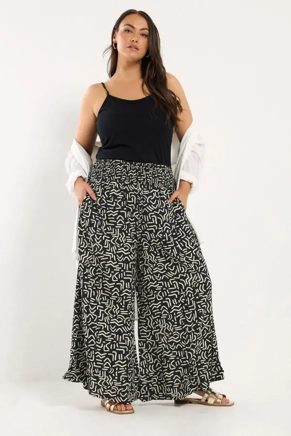 Yours Plus Size Black Abstract Print Shirred Waist Trousers Size 34-36