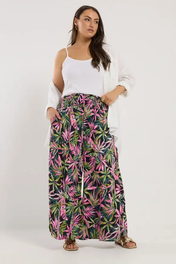 Yours Plus Size Black Tropical Print Shirred Wide Leg Trousers Size 22