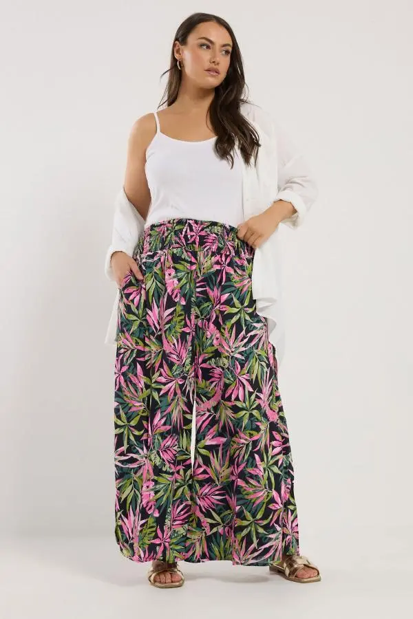 Yours Plus Size Black Tropical Print Shirred Wide Leg Trousers Size 34-36