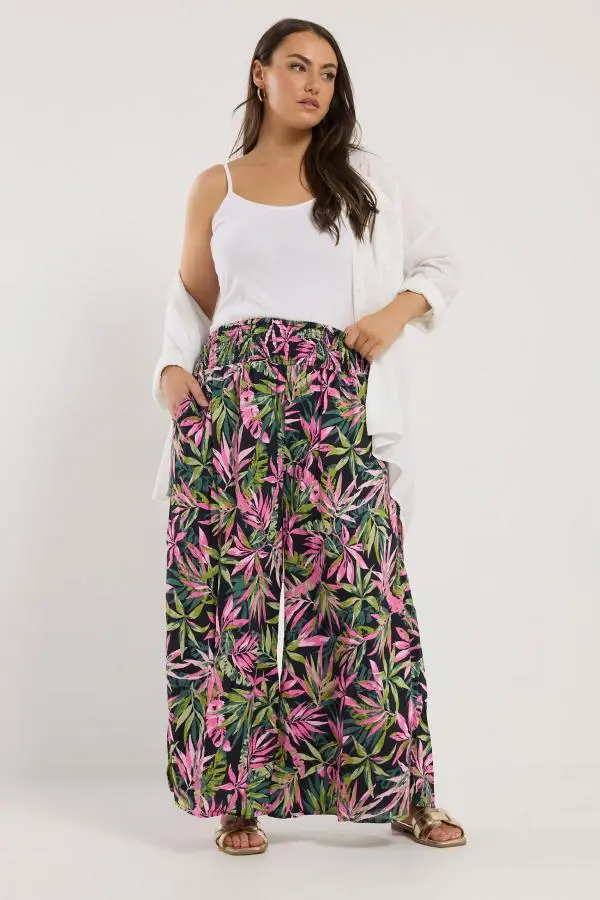 Yours Plus Size Black Tropical Print Shirred Wide Leg Trousers Size 34-36
