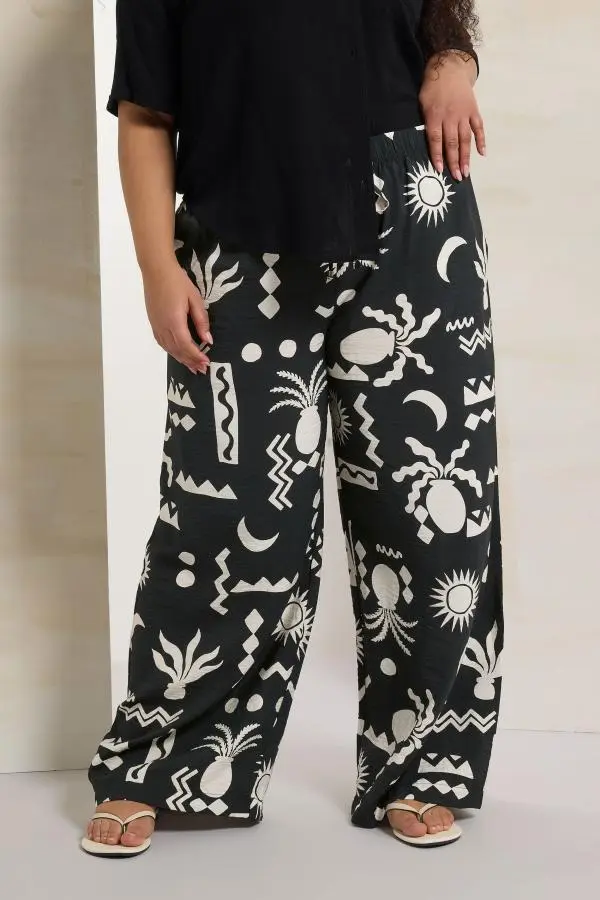 Yours Plus Size Black Abstract Print Twill Wide Leg Trousers Size 30-32