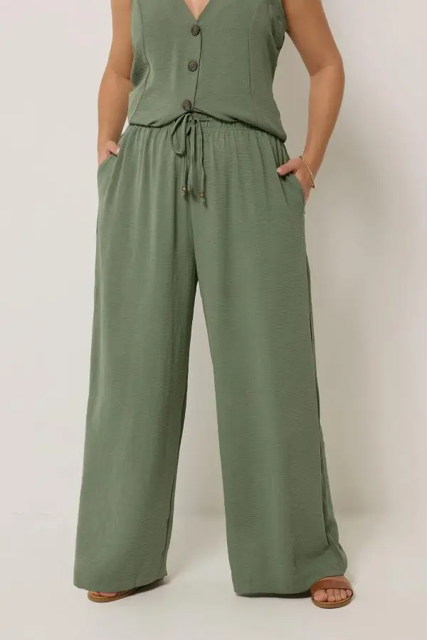 Yours Plus Size Khaki Green Twill Wide Leg Trousers Size 34-36