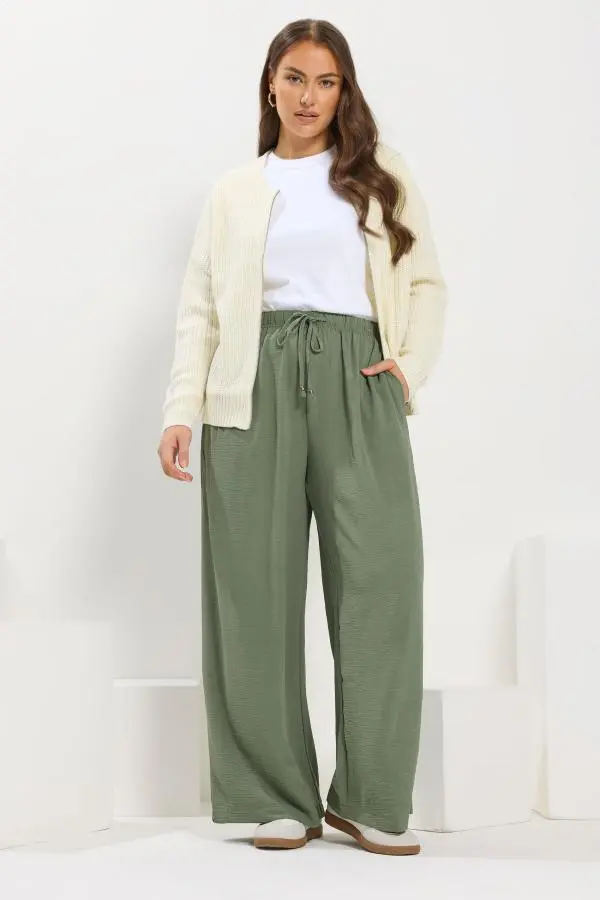 Yours Plus Size Khaki Green Twill Wide Leg Trousers Size 34-36