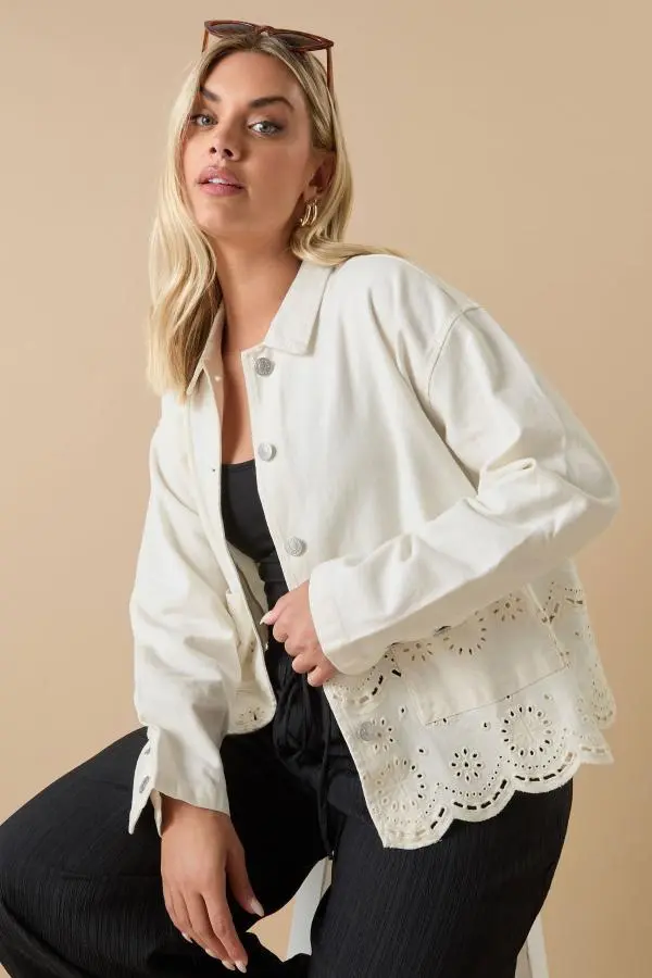 Yours Curve Ivory White Broderie Anglaise Twill Shacket, Women's Curve & Plus Size, Yours