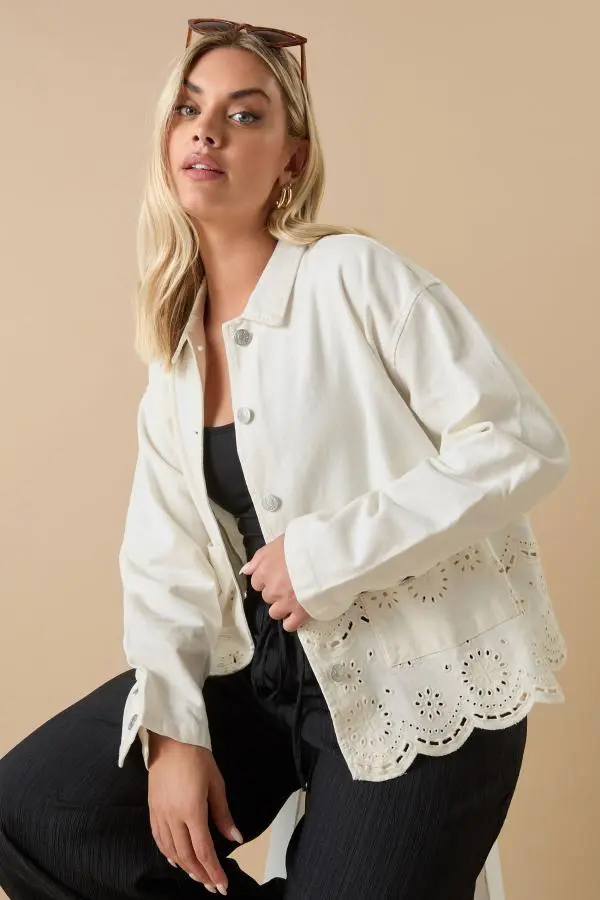 Yours Plus Size Ivory White Broderie Anglaise Twill Shacket Size 16