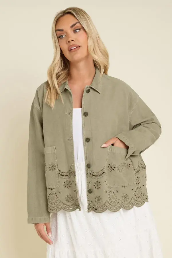 Yours Curve Khaki Green Broderie Anglaise Twill Shacket, Women's Curve & Plus Size, Yours