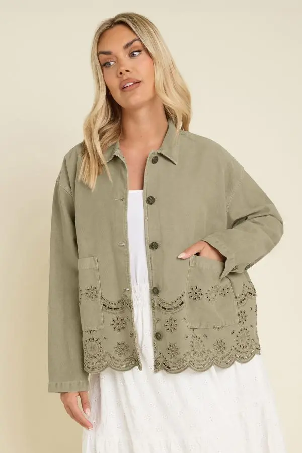 Yours Plus Size Khaki Green Broderie Anglaise Twill Shacket Size 18