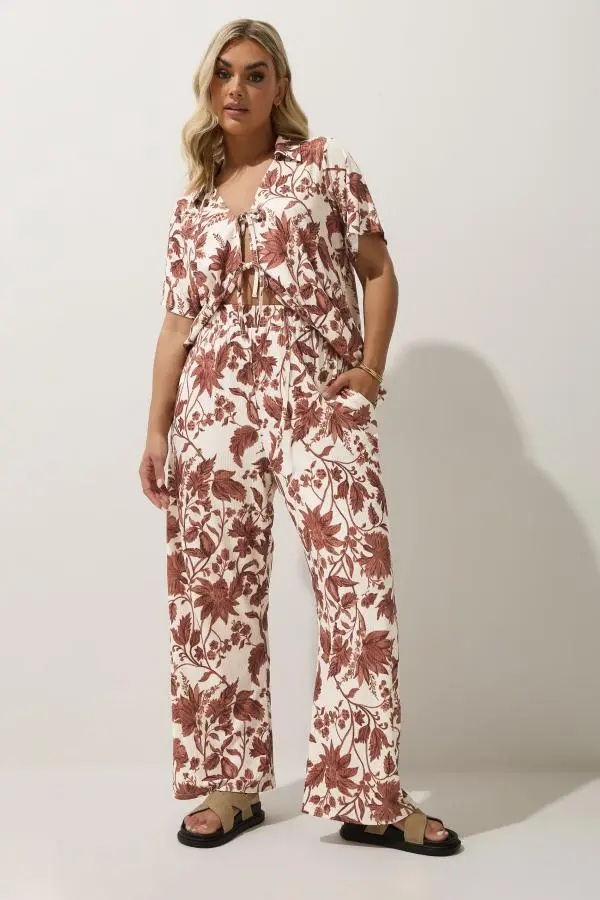 Limited Collection Curve Brown Floral Wide Leg Trousers, Women's Curve & Plus Size, Limited Collection