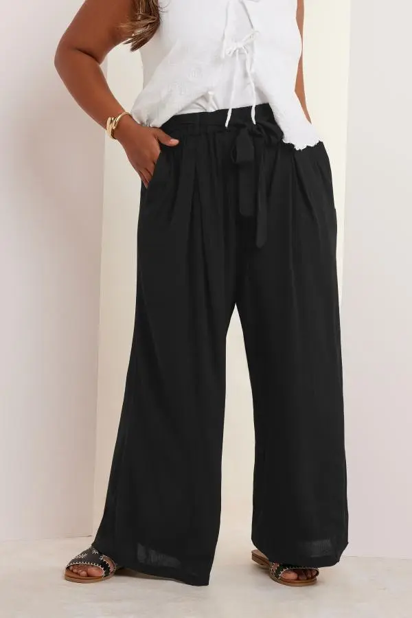 Yours Curve Black Tie Waist Crinkle Wide Leg Trousers, Women's Curve & Plus Size, Yours