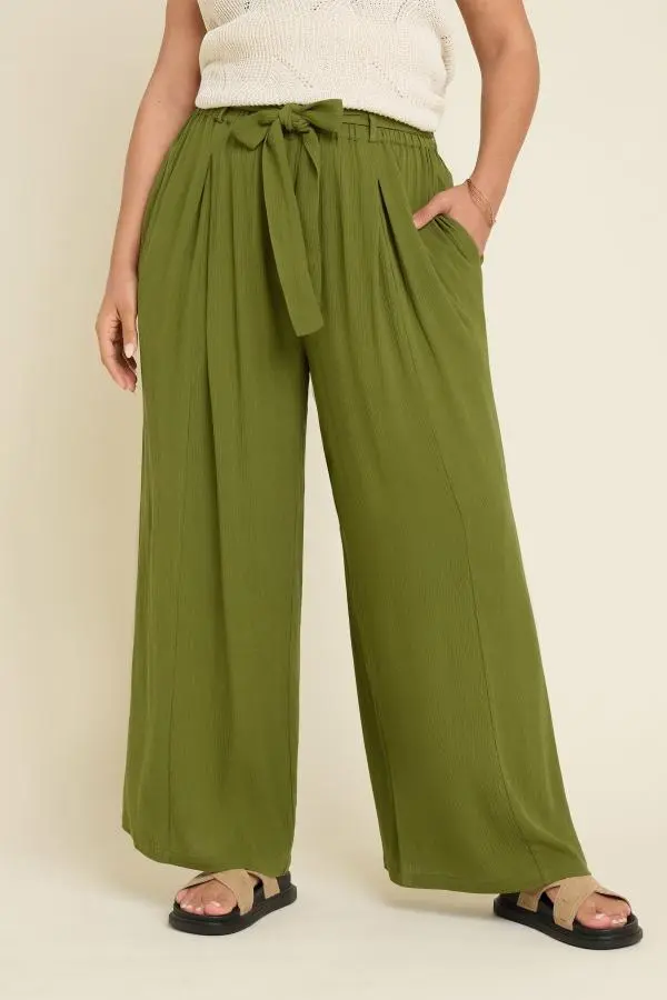 Yours Curve Green Tie Waist Crinkle Wide Leg Trousers, Women's Curve & Plus Size, Yours