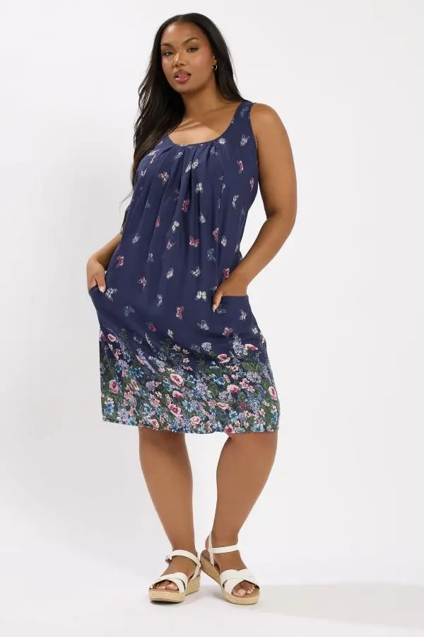 Yours Curve Navy Blue Butterfly Pocket Detail Mini Dress, Women's Curve & Plus Size, Yours