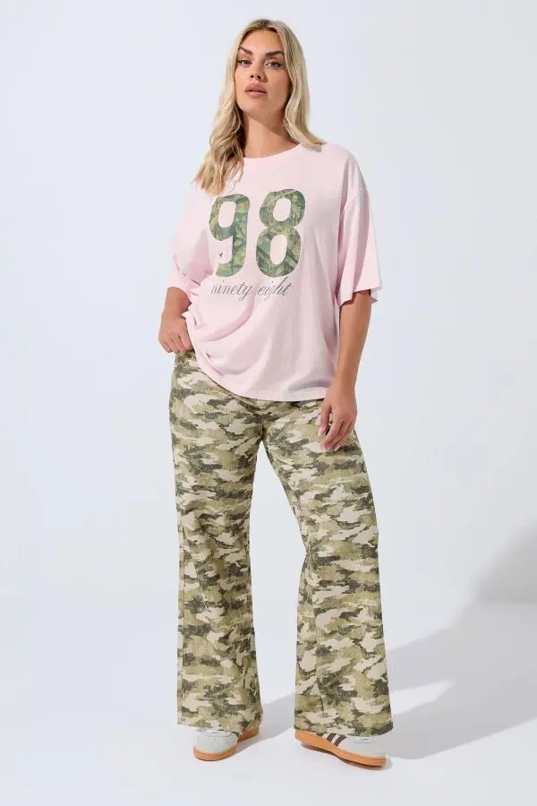 Limited Collection Curve Khaki Green Camo Wide Leg Jeans, Women's Curve & Plus Size, Limited Collection