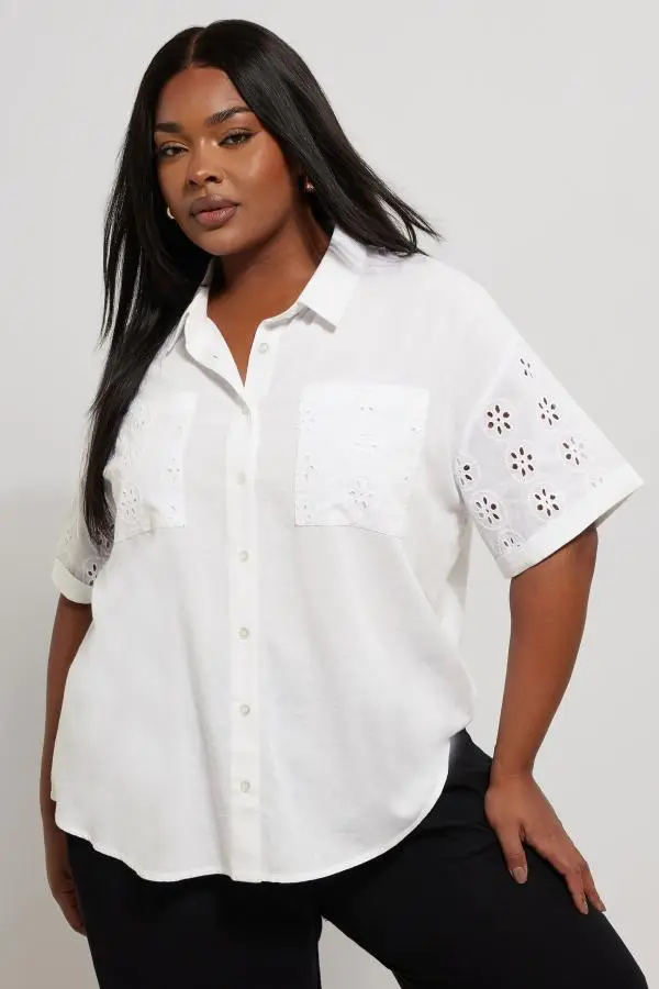 Yours Curve White Broderie Anglaise Linen Shirt, Women's Curve & Plus Size, Yours