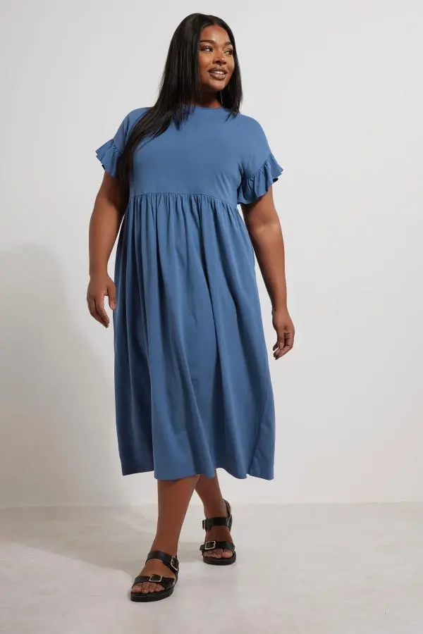 Yours Curve Blue Frill Sleeve Cotton Midaxi Dress, Women's Curve & Plus Size, Yours