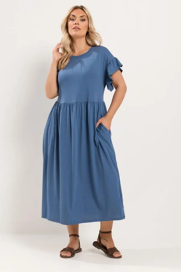 Yours Plus Size Blue Frill Sleeve Cotton Maxi Dress Size 20