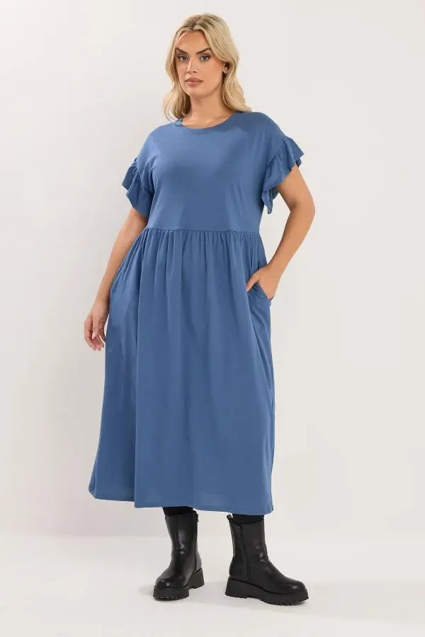 Yours Plus Size Blue Frill Sleeve Cotton Maxi Dress Size 38-40