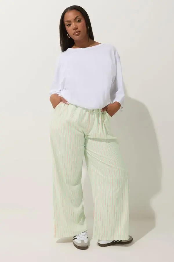 Limited Collection Curve Mint Green & Pink Stripe Wide Leg Trousers, Women's Curve & Plus Size, Limited Collection