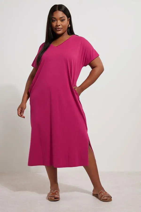 Yours Curve Pink Grown On Sleeve Midi Dress, Women's Curve & Plus Size, Yours