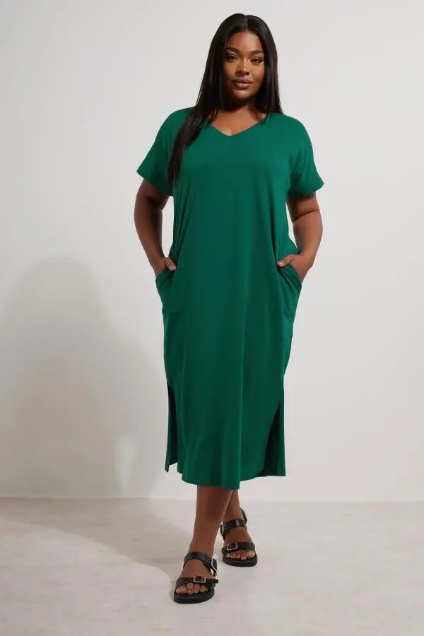 Yours Curve Teal Green Grown On Sleeve Midi Dress, Women's Curve & Plus Size, Yours