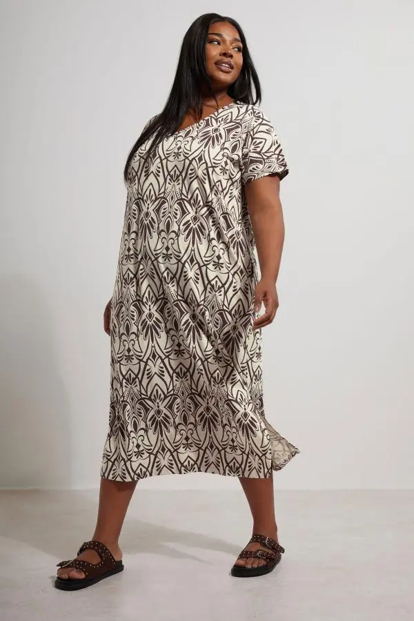 Yours Curve Natural Brown Paisley Print Midi Dress, Women's Curve & Plus Size, Yours