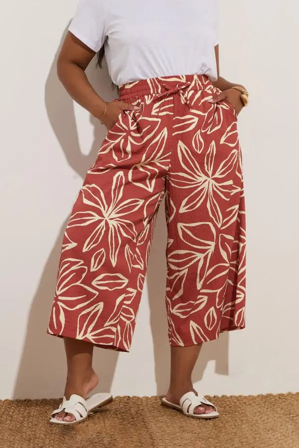 Yours Curve Rust Orange Textured Floral Midaxi Culottes, Women's Curve & Plus Size, Yours