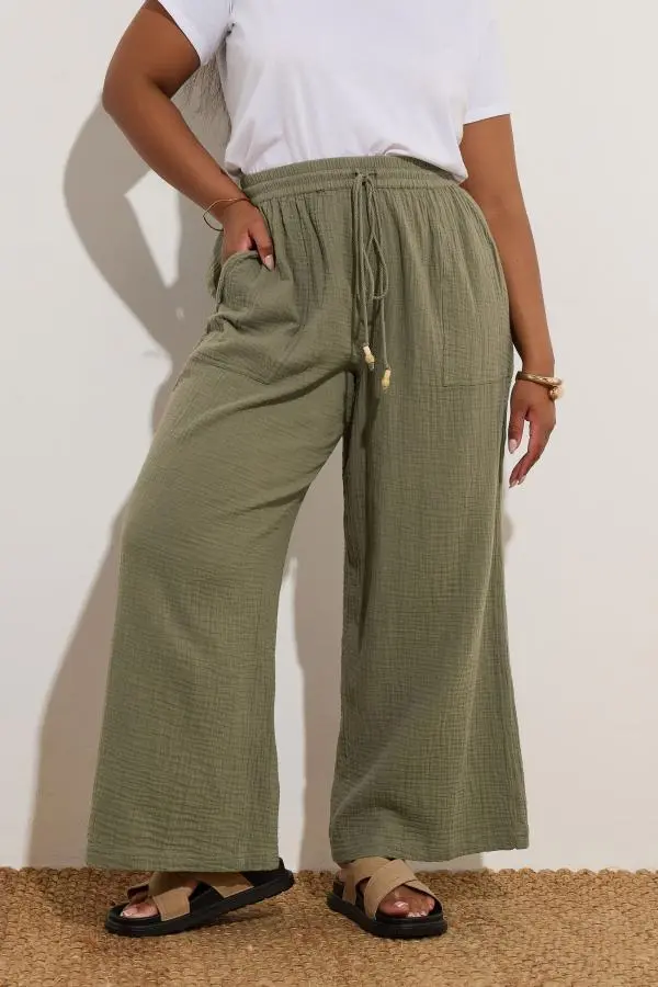 Yours Curve Khaki Green Cheesecloth Beaded Wide Leg Trousers, Women's Curve & Plus Size, Yours