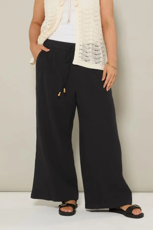 Yours Curve Black Cheesecloth Beaded Wide Leg Trousers, Women's Curve & Plus Size, Yours