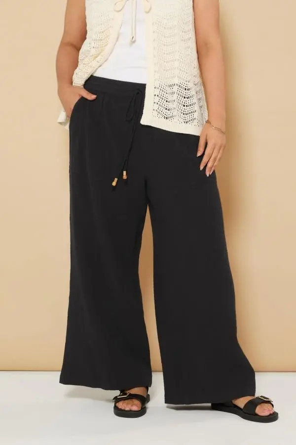 Yours Plus Size Black Cheesecloth Beaded Wide Leg Trousers Size 34-36