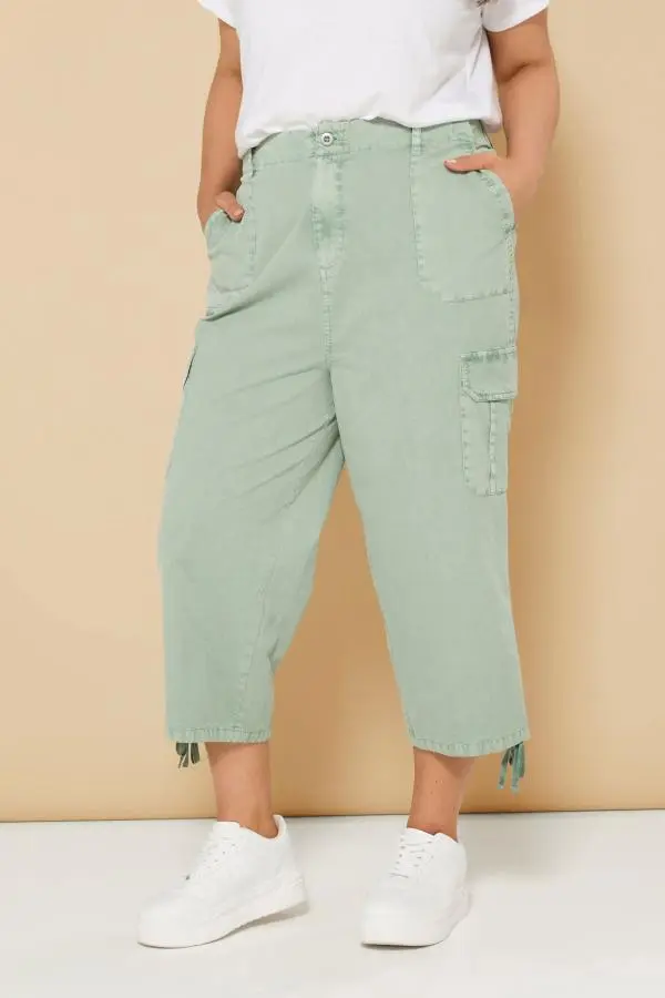 Yours Curve Sage Green Cotton Cropped Cargo Trousers, Women's Curve & Plus Size, Yours