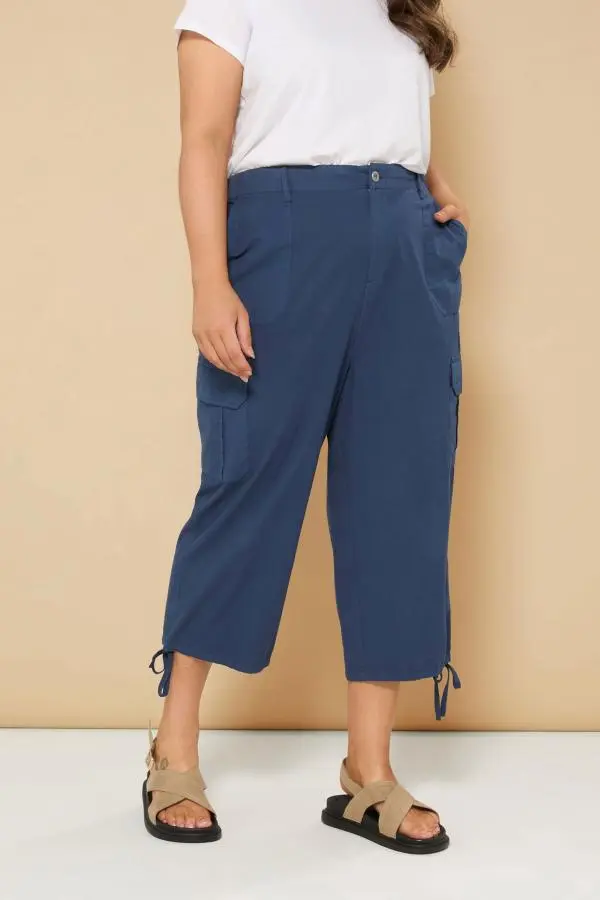 Yours Curve Navy Blue Cotton Cropped Cargo Trousers, Women's Curve & Plus Size, Yours