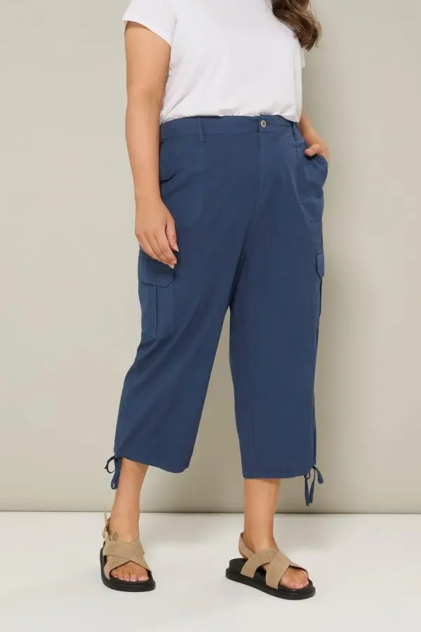 Yours Curve Navy Blue Cotton Cropped Cargo Trousers, Women's Curve & Plus Size, Yours