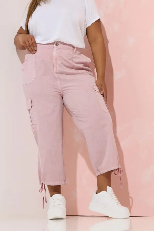 Yours Curve Pink Cotton Cropped Cargo Trousers, Women's Curve & Plus Size, Yours