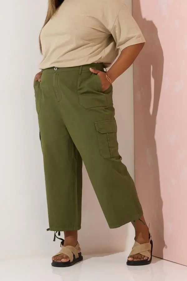 Yours Curve Khaki Green Cotton Cropped Cargo Trousers, Women's Curve & Plus Size, Yours