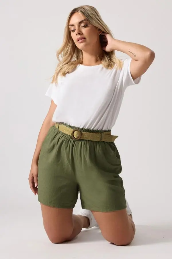 Yours Curve Khaki Green Belted Linen Shorts, Women's Curve & Plus Size, Yours