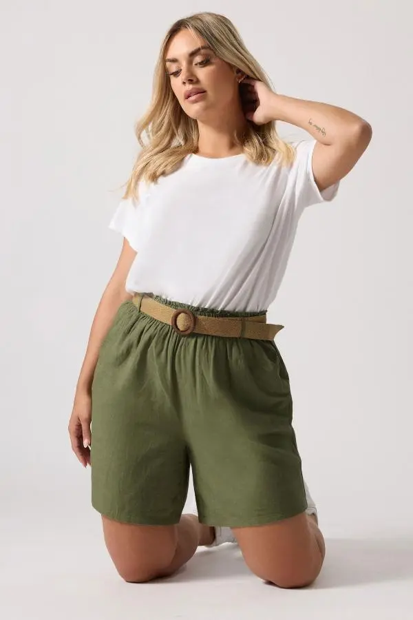 Yours Curve Khaki Green Belted Linen Shorts, Women's Curve & Plus Size, Yours