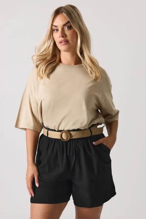 Yours Curve Black Belted Linen Shorts, Women's Curve & Plus Size, Yours