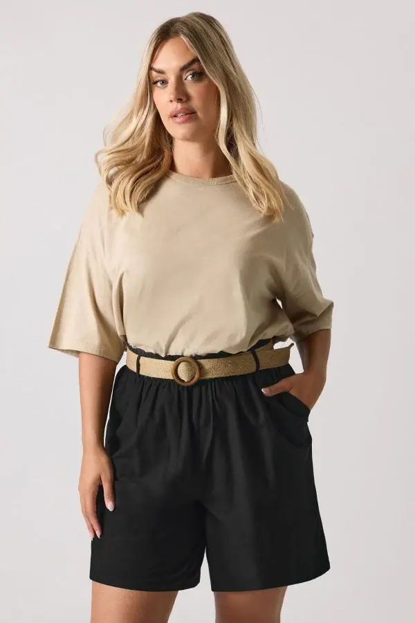 Yours Plus Size Black Belted Linen Shorts Size 38-40