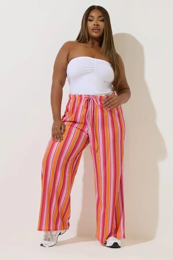 Limited Collection Curve Red & Orange Stripe Wide Leg Trousers, Women's Curve & Plus Size, Limited Collection