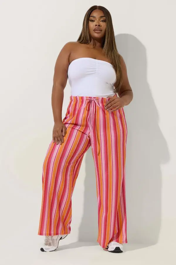 Limited Collection Curve Red & Orange Stripe Wide Leg Trousers, Women's Curve & Plus Size, Limited Collection