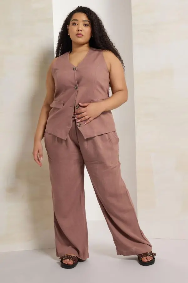 Yours Curve Pink Pleat Front Linen Trousers, Women's Curve & Plus Size, Yours