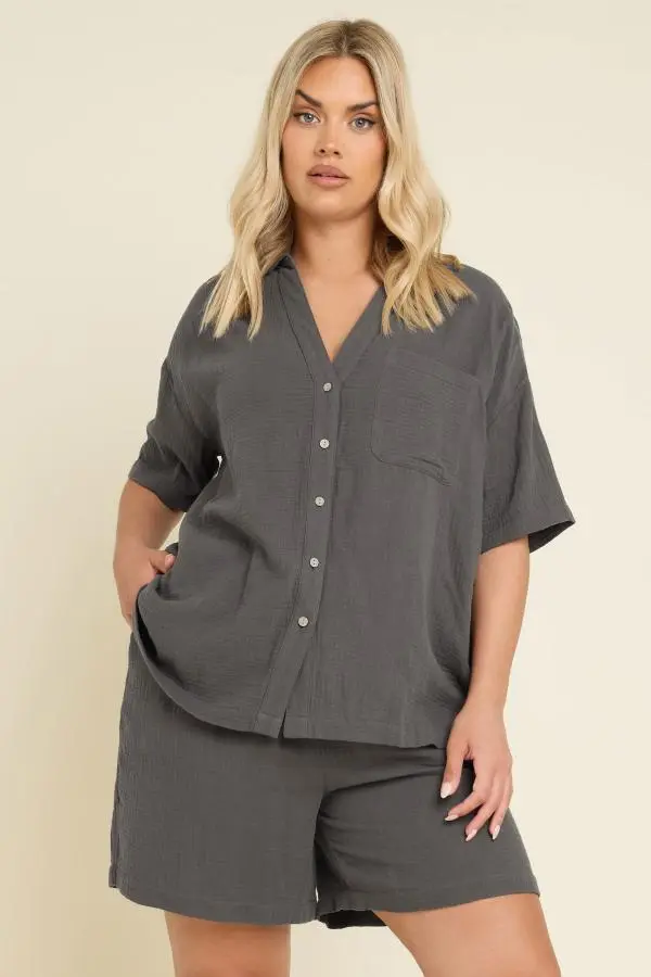 Yours Curve Charcoal Grey Cotton Short Sleeve Shirt, Women's Curve & Plus Size, Yours